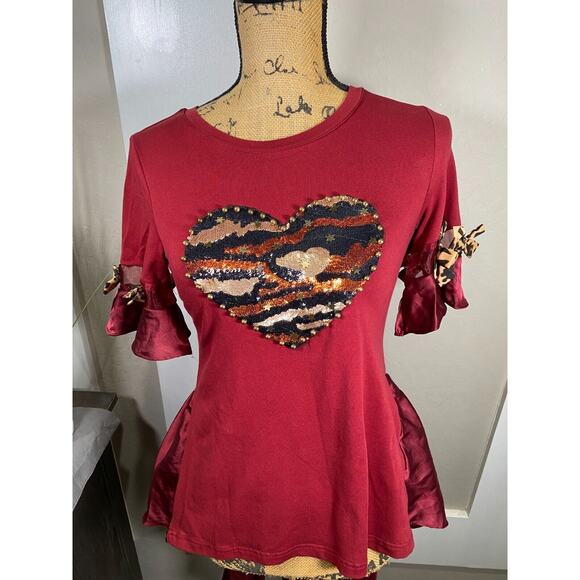 Pastel Brand Women's Sequin Heart/Leopard Red Shirt High Low Hemline Small Top - Picture 12 of 13